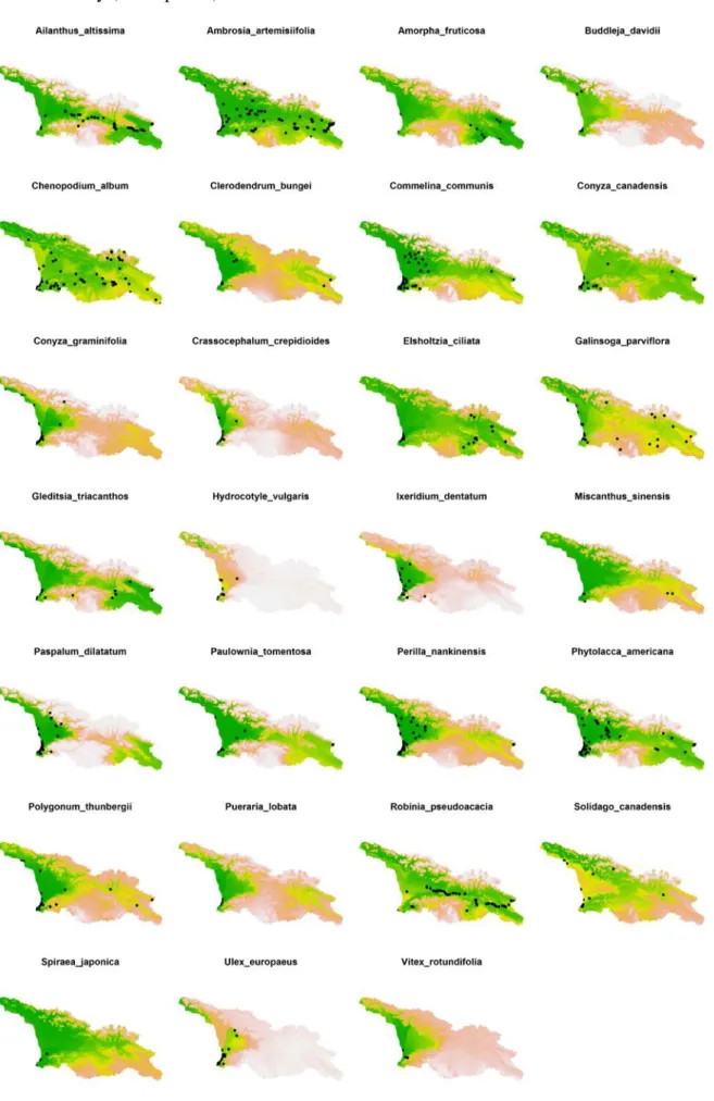 Figure S6 Species mean predictions of habitat suitability (mean of the 5 algorithms; green = high  suitability; white=low suitability) for invasive alien plant species in Georgia with their occurrences  in the country (black points)