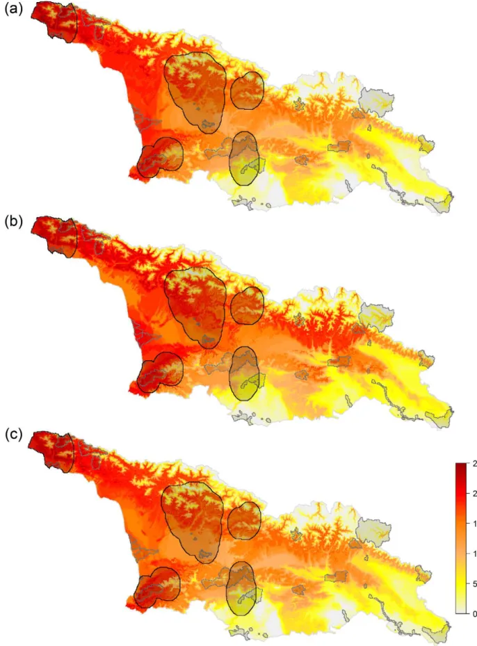 Figure S8 Invasive alien plant species richness in Georgia for future climate under three different  climate change models for the year 2050: (a) RCP 4.5 HadGEM2-AO, (b) RCP 4.5  IPSL-CM5A-LR and (c) RCP 8.5 HadGEM2-AO