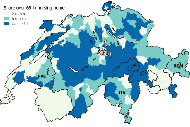 Figure A.1: Percentage of people over 65 in nursing homes by district and linguistic area in 2013