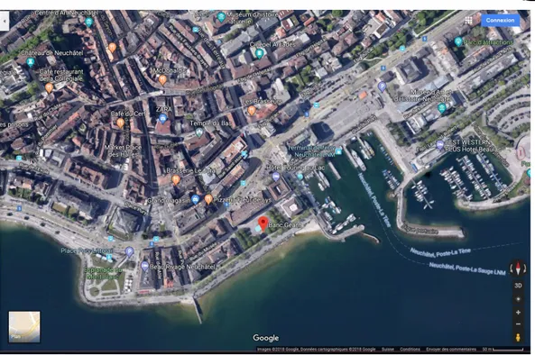 Figure  1 : Plan  du  centre-ville  de Neuchâtel.  La place  Ostervald  étant  marquée  par  le point  rouge 