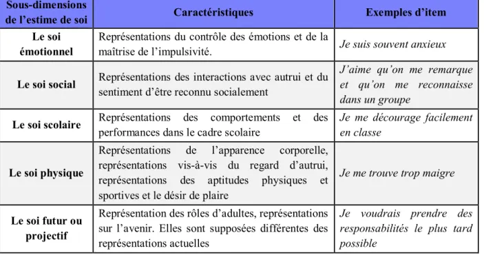 Tableau 6 - Sous-dimensions de l'estime de soi  Sous-dimensions 