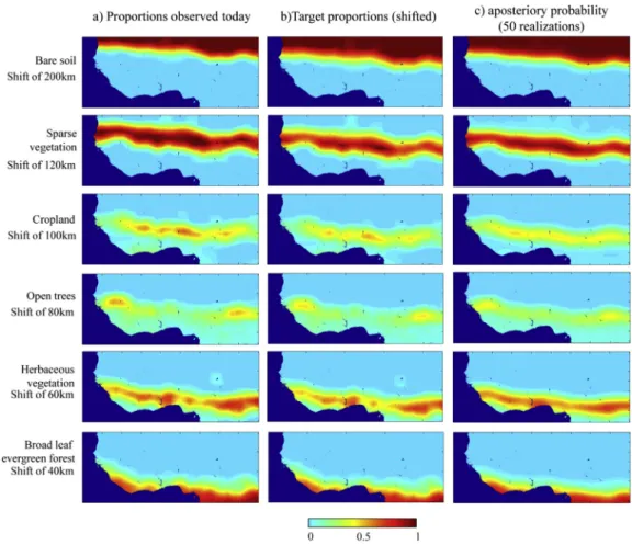 Fig. 10. Clogged sandstone example. a) Elementary training image used for the construction of b) (grains in blue, pores in green, clogging in red)
