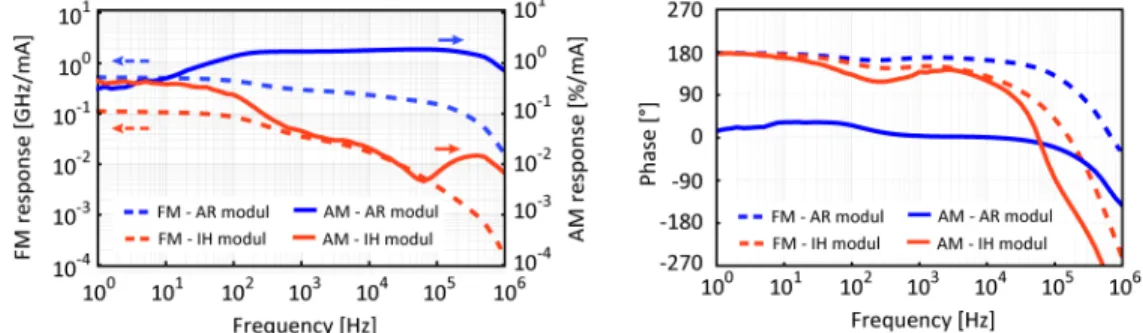 Fig. 3. Amplitude (left) and phase (right) of the AM (solid lines) and FM (dashed lines)  transfer functions measured for a modulation of the current of the AR (blue) and IH (red)  around their average values of I AR  = 320 mA and I IH  = 250 mA