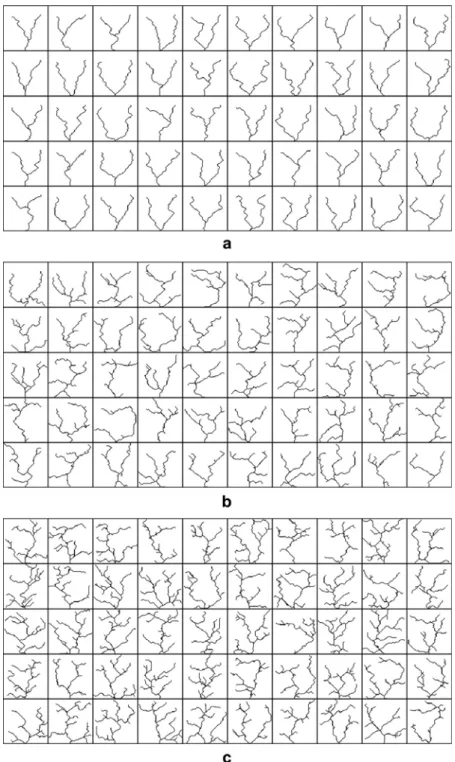 Fig. 4. Stochastic karst  realizations  used for this study, 50  realizations with  (a) 2 conduits, (b) 7 conduits, and (c) 14 conduits.