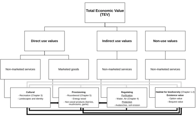 Figure 0.1: Categories of forest values and their links (Source: own conception but based on Montagné et al., 2005)