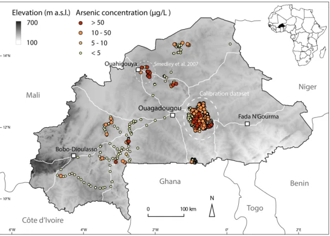 Fig. 2.1  Overview of the study area, giving the location of groundwater As measurements used in this  study (n=1498)