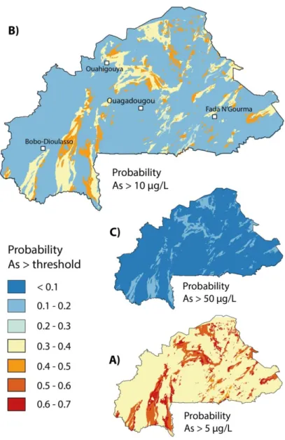 Fig. 2.5  Modelled probability of groundwater As concentrations exceeding the threshold values of A)  5 µg/L, B) 10 µg/L and C) 50 µg/L 
