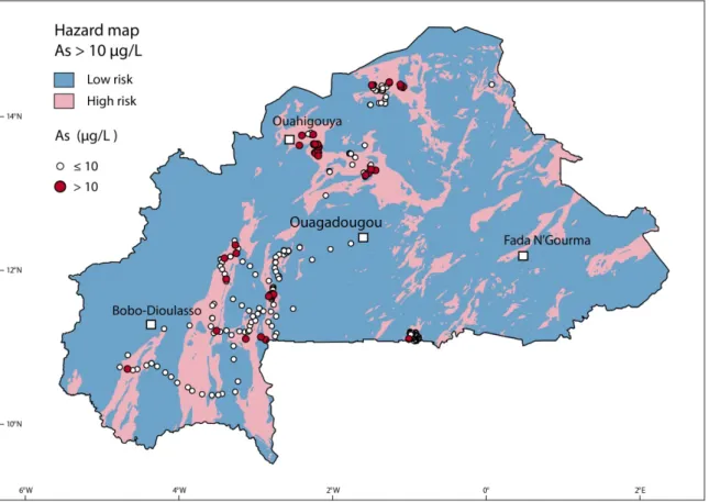 Fig.  2.7  Arsenic hazard map divided into “high” and “low” risk zones according to the probability  cut-off of 0.2 of the 10 µg/L prediction model, overlain by the validation dataset of As measurements  (n=314)
