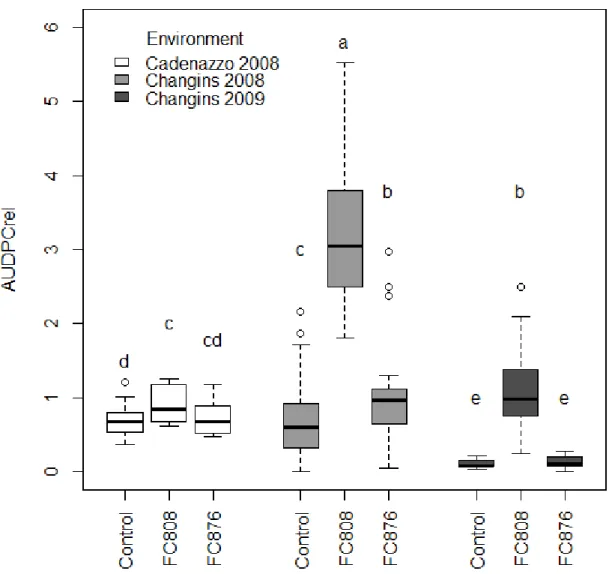Figure 4. Boxplot AUDPCrel calculated with evaluation of symptoms on wheat spikes caused  by isolates FC876, FC808 and natural infection in three different environments