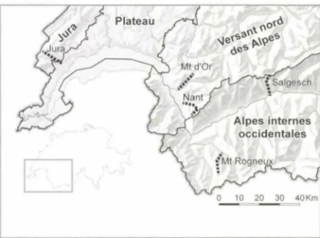 FIGURE  1 - Localisation  des  cinq  sites,  chacun  comportant  deux transects  (milieux ouverts  et forêts)