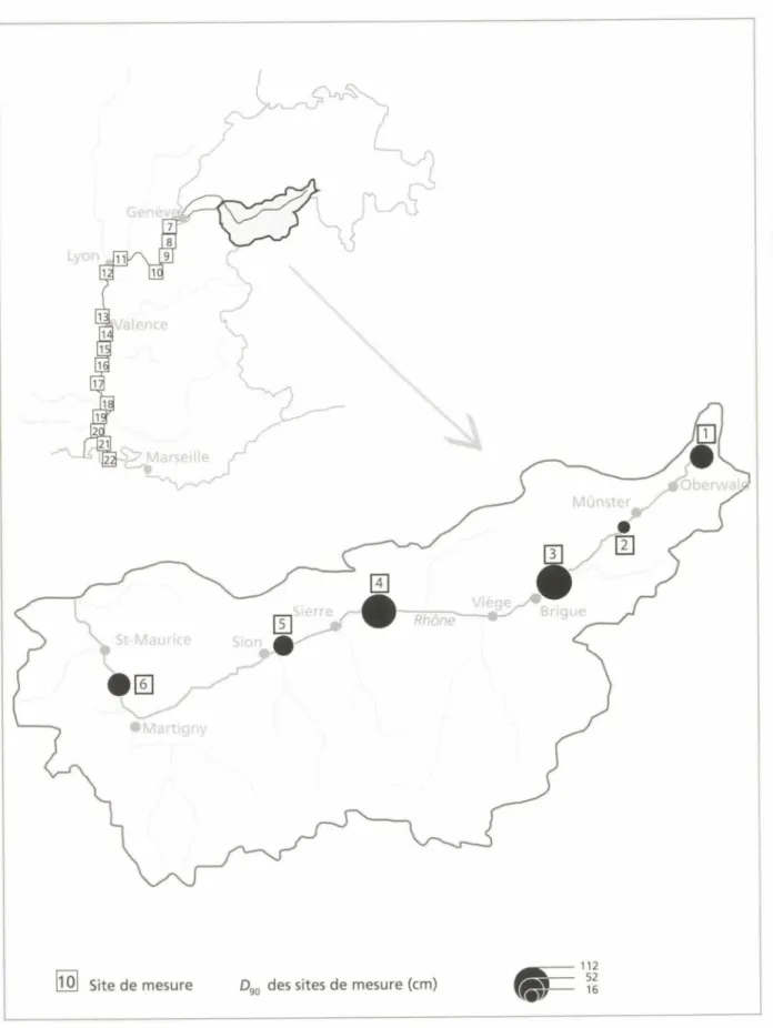 FIGURE  1 - Situation  des  sites  d 'étude  (numérotés  de  1  à  6)  et valeurs  du  D 90  des  alluvions  mesurées  sur  le  Rhône  suisse