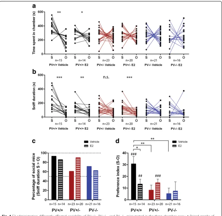 Fig. 4 E2 administration differently affected sociability of PV+/+, PV+/ − , and PV − / − mice tested in the three-chamber assay