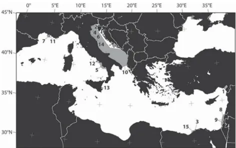 Fig. 1. Map showing the 15 previous studies on Mediterranean BF ecology used in this paper
