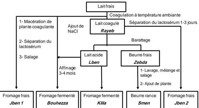 Figure 2. Méthodes de fabrication des principales préparations laitières traditionnelles en  Algérie (Lahssaoui, 2009)