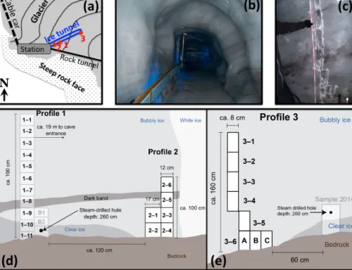 Figure 2. Overview on ice sampling at the Chli Titlis glacier. Panel (a) shows a schematic diagram with ice sampling locations within the ice tunnel