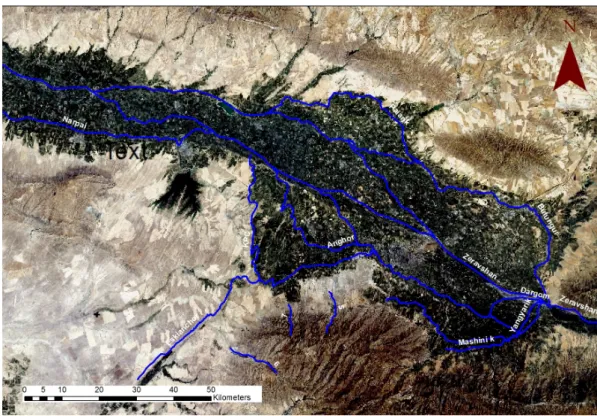 Figure 1. GIS Elaboration of a satellite image (Landsat 5) of the Middle Zeravshan waterscape  representing the canals network (source: authors)