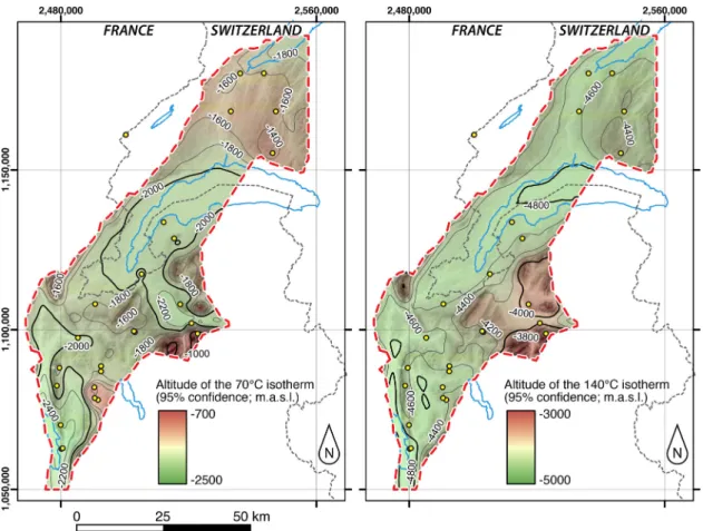 Fig. 12. Elevation maps of the 70 ◦ C and 140 ◦ C isotherms at 95% conﬁdence according to the geostatistical 3D model wrapped on the surface topography.