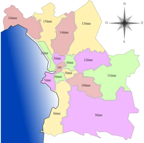 Figure 2 :  Le découpage des différents arrondissements de Marseille. Source : https://www.cartograf.fr/carte_marseille.php 