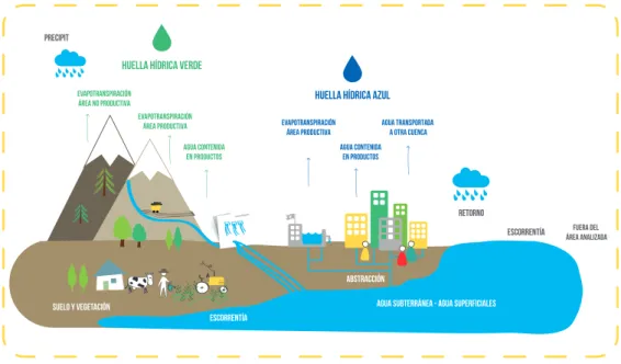Figura 1: Relación entre las huellas hídricas azul y verde y el balance hídrico de la cuenca