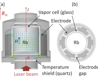 FIG. 1. (a) Cavity design view shown with the numerically simulated mag- mag-netic ﬁeld distribution (colored arrows) and the ﬁeld geometry required for clock interrogation