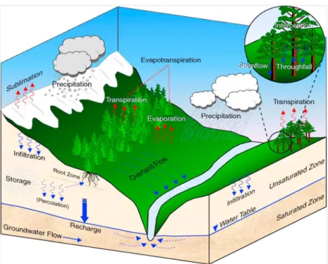 Figure T1.1. Components of the water cycle considered in the Freeze and Harlan blueprint [the ﬁgure is taken from Jyrkama [2003]].