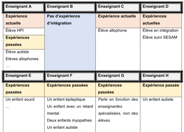Tableau  2  –  Différentes  situations  d’intégrations  actuelles  et  passées  évoquées  par  les  enseignants interrogés 