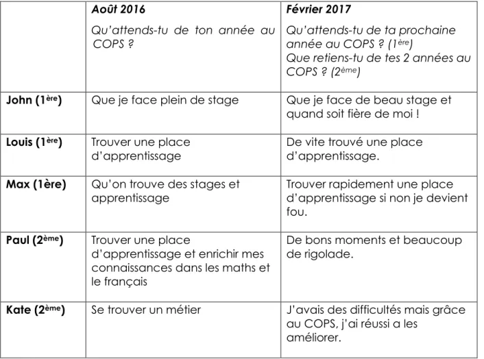 Tableau 4 Synthèse questionnaire (2016-2017) 