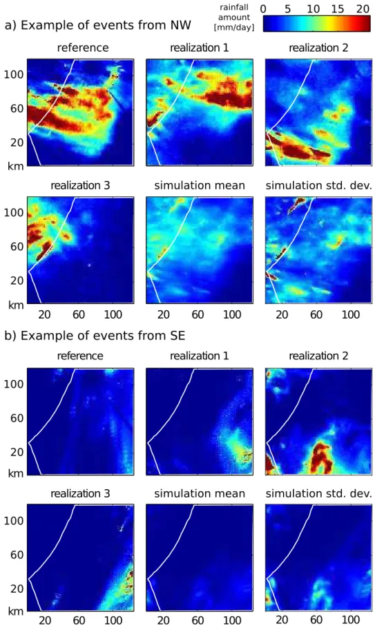 Figure 7. Visual comparison of the daily rainfall ﬁelds for the (a) NW and (b) SE classes