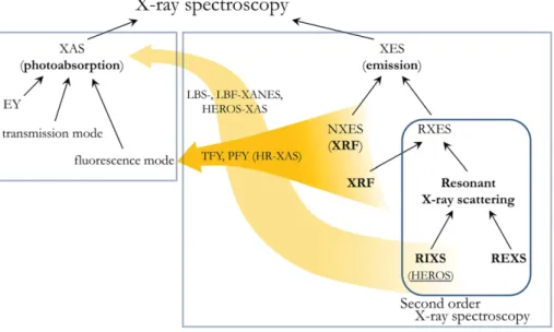 Fig. 1. Outline of X-ray spectroscopy methodologies. The terms in bold refer to physical processes, the remaining ones to X-ray spectroscopy methods