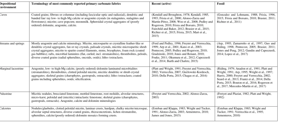 Table A1: Overview of the range of commonly reported ‘primary’ carbonate micro- to macrofabrics in diverse non-marine carbonate depositional environments, as observed  in the field and under transmitted light microscopy, plus key literature