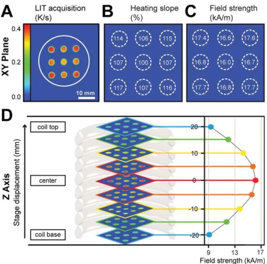Figure 2. Inhomogeneities in the alternating magnetic ﬁ eld can be visualized by LIT. Magnetic ﬁ eld inhomogeneities will unavoidably lead to di ﬀ erent results (e.g., while repositioning the sample)