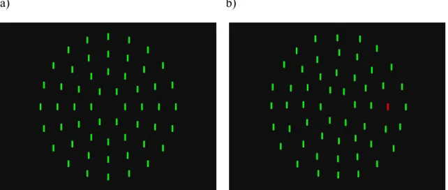 Figure 7. Search task: target-absent trial (a) and a target-present trial (b); set size is 54 