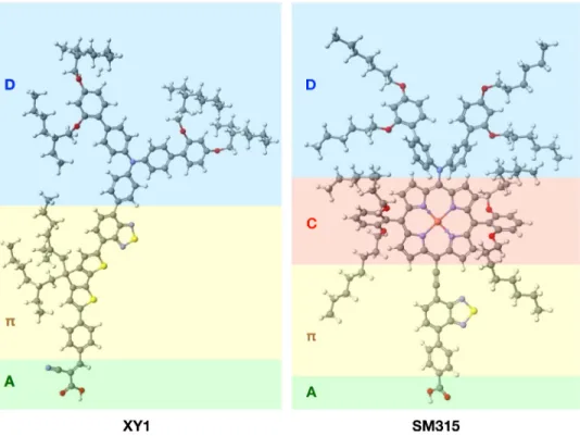 FIG. 2. Molecular structures of exemplary XY1 and SM315 push-pull organic dye-sensitizers discussed in the text