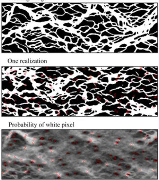 Fig. 7. Imposing local conditioning inside a 3D texture. The small images on the left represent the local constraints (top) and the associated weights (bottom)