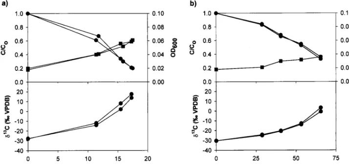 FIG. 1. Experiment I: relative concentration of 1,2-DCA (closed circles, top panel), ␦ 13 C of 1,2-DCA (closed circles, bottom panel), and optical density (closed squares) in batch cultures of X