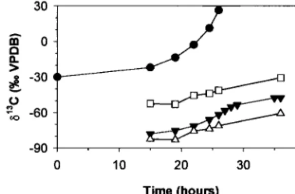 FIG. 5. Experiment II: measured ␦ 13 C of 1,2-DCA (closed circles), measured