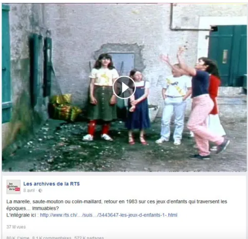 Figure 3 : Capsule « Jeux d’enfants », page Facebook des archives de la RTS 