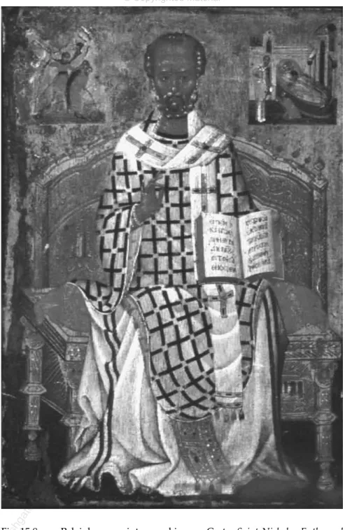 Fig. 15.8  Palaiologan painter working on Crete, Saint Nicholas Enthroned  and Two Scenes of his Legend, icon, c.1400