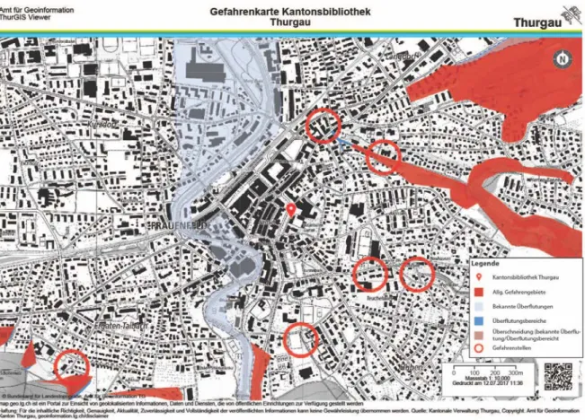 Abbildung 10: Synoptische Gefahrenkarte der Stadt Frauenfeld mit der Kantonsbibliothek in der Mitte