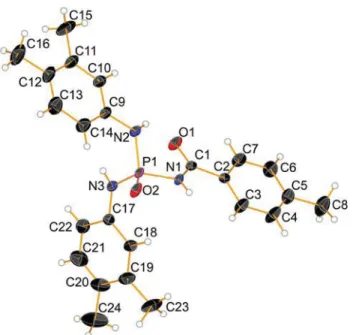 Table 3 Selected bond distances (A ˚ ) and angles ( ° ) for 1 and 2 1 P1=O1 1.464 (3) P1–N1 1.627 (4) C4=O2 1.235 (6) P1–N2 1.632 (4) C4–N3 1.360 (6) P1–N3 1.685 (4) O1=P1–N1 114.9 (2) N1–P1–N2 106.6 (2) O1=P1–N2 113.2 (2) N1–P1–N3 104.8 (2) O1=P1–N3 109.8
