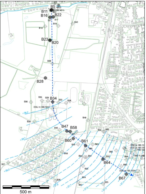 Fig. 1. Monitoring well locations at the site with groundwater equipotential lines (main sampling campaign, February 2006) and approximate ﬂ owline along the center of the plume (dashed line)