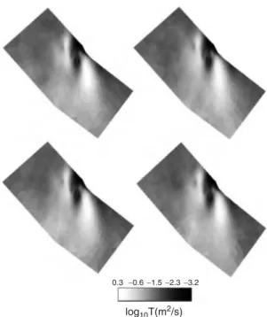 Figure 8.7 Four out of 200 Monte Carlo simulations of the stochastic transmissivity ﬁeld (i.e., integral of hydraulic conductivity along a vertical proﬁle) conditioned to transmissivity data and available hydraulic head temporal series.