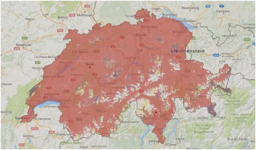 Figure 3.1. Sunrise 4G network coverage in Switzerland (courtesy of Sunrise AG), we can clearly identify several areas without 4G coverage, consequently, many services that rely on computation offloading may perform poorly.