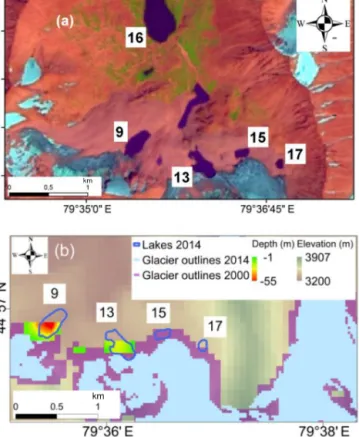 Figure 10. (a) Cascades of lakes in the Bien River basin (Land- (Land-sat scene from 2014) and (b) modelled overdeepenings using the glacier mask from 2000 and actual lakes as in 2014.