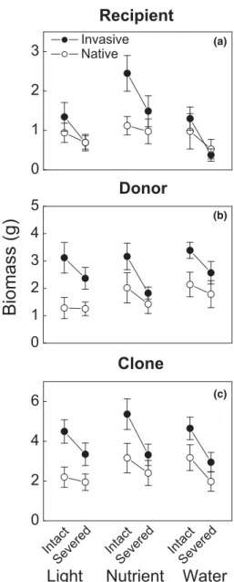 Fig. 1 Biomass of the recipient ramets (a), the donor ramets (b) and the whole clone (c) of the invasive alien and native clonal species when the clone was grown in heterogeneous light, nutrient and water conditions with connections between the donor and r