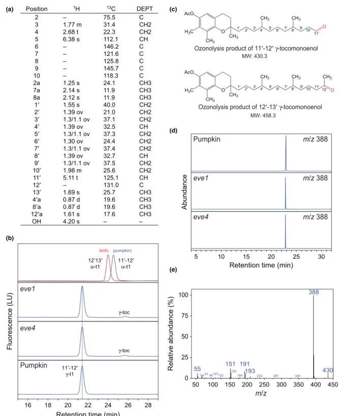 Fig. 3 Structural characterization of Arabidopsis and pumpkin c -tocomonoenol. (a) 1 H, 13 C nuclear magnetic resonance (NMR) chemical shifts and distortionless enhancement by polarization transfer signature of c -tocomonoenol puriﬁed from pumpkin seed oil