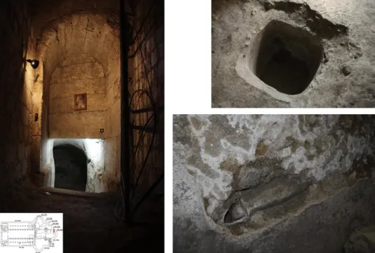 Fig. 7. Entrance to cave located in eastern apse, and detail of basin dug in center of chamber