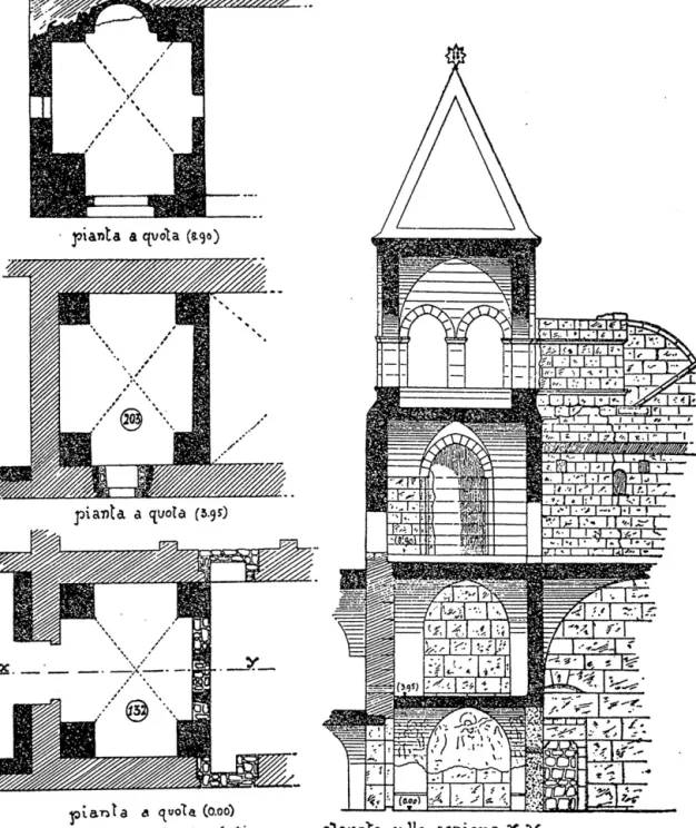 Fig. 3. Plans, sections and reconstruction of the medieval bell tower proposed by Balduzzi.