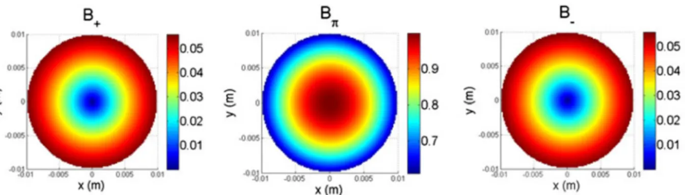 Fig. 4. Simulated 2D ﬁeld proﬁles corresponding to the driving ﬁelds that interact with the atoms inside the vapor cell