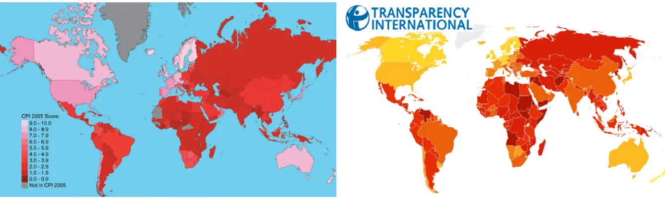 Figure 2 Corruption Perception Index 2005 on the left and 2016 on the right from Transparency International